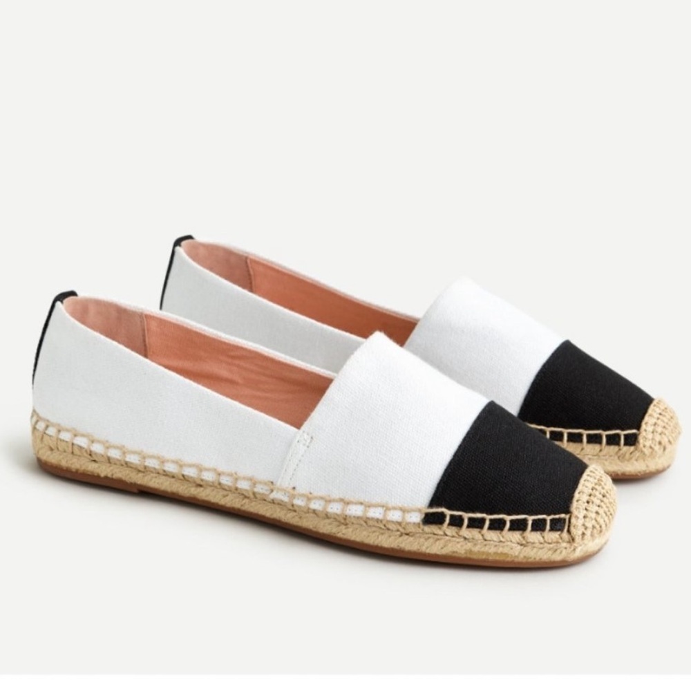 J.Crew Womens Off-White Canvas/Black Leather Cap Toe Low Platform Espadrilles 8